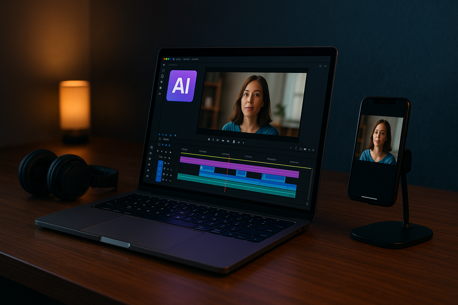 A laptop showing an AI video editor timeline, used to explain free AI video content generators.