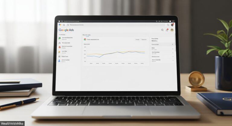 Laptop showing a simple Google Ads dashboard with charts that teach google ads basics.