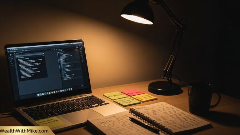 Workspace showing a laptop with an AI content generator on screen beside keywords and notes, supporting a guide on ai content generators.