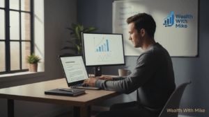 Man working at a home office desk, typing a blog post focused on growth and search intent, with Wealth With Mike watermark.