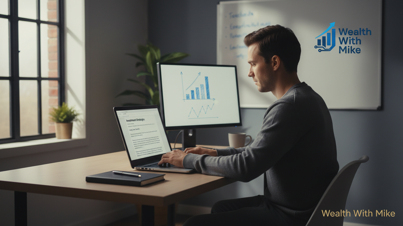 Man working at a home office desk, typing a blog post focused on growth and search intent, with Wealth With Mike watermark.