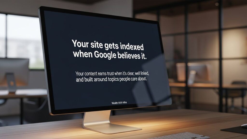 A computer showing the text "Your site gets indexed when Google believes it. Your content earns trust when it’s clear, well linked, and built around topics people care about."