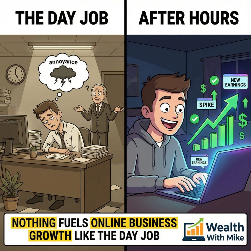 Split image showing a tired office worker at a cluttered desk during the day, and the same person at night smiling while building online income on a laptop.
