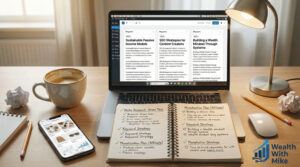 Desk setup showing the five angles content plan with multiple product review drafts created from one real test session.