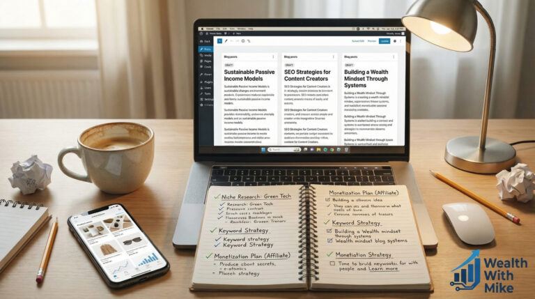 Desk setup showing the five angles content plan with multiple product review drafts created from one real test session.
