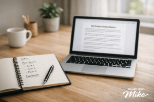 One prompt one post method shown through a simple content outline and single draft writing workflow.