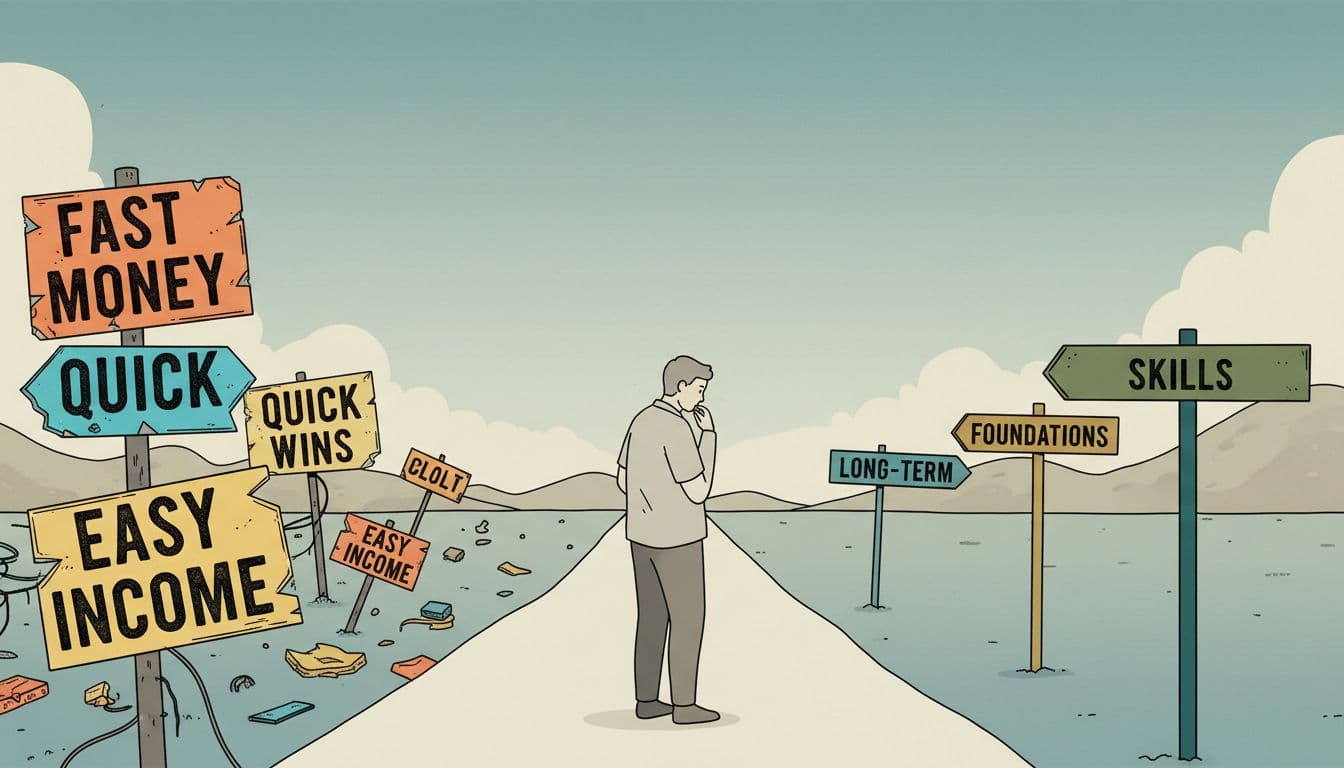 A reflective illustration representing affiliate marketing failure, showing the contrast between rushed “make money now” paths and a slower, skill-based approach to building an online business.