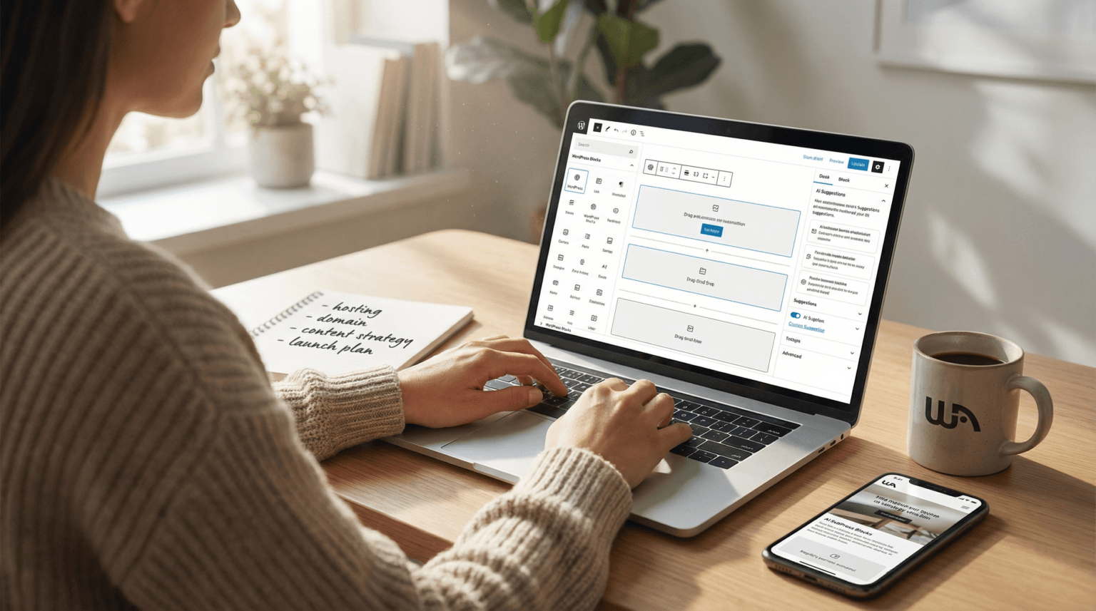 Small business owner using website building tools on a laptop, comparing a website builder, WordPress, hosting, and AI tools in a clean workspace.