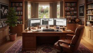 a luxurious home office with a computer setup showing AI blogging tools on the 3 screens