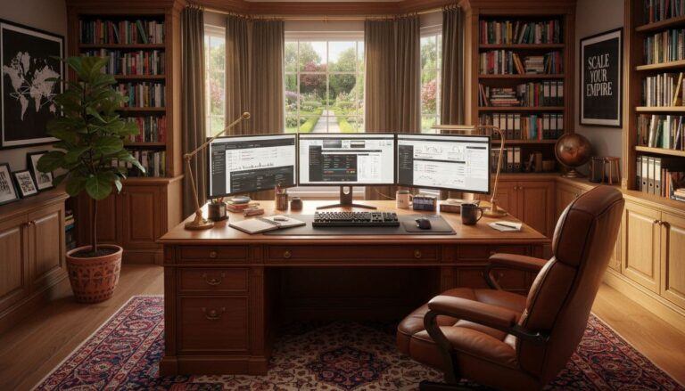 a luxurious home office with a computer setup showing AI blogging tools on the 3 screens