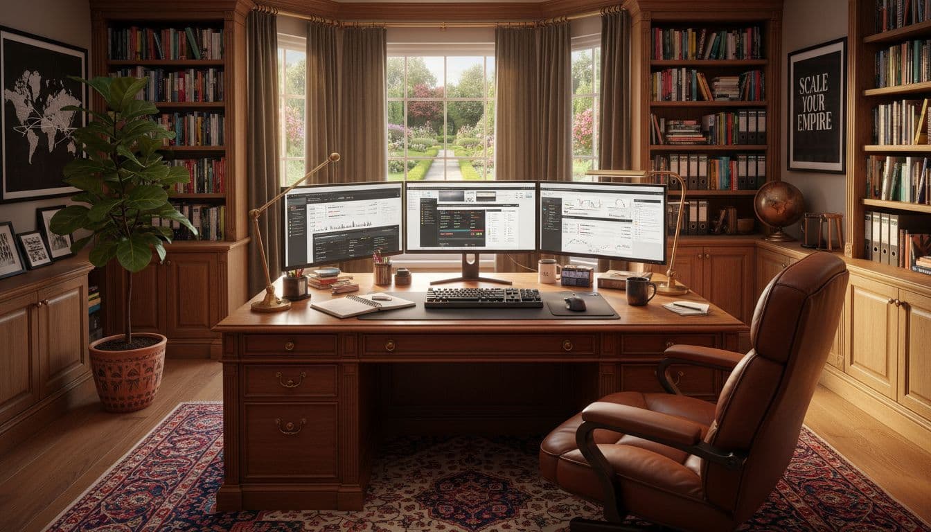 a luxurious home office with a computer setup showing AI blogging tools on the 3 screens