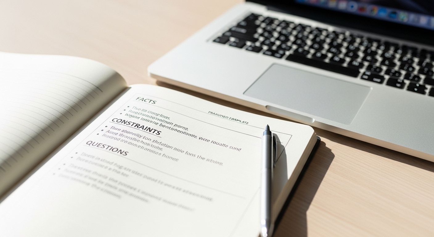 Structured prompt template used to prevent AI hallucinations by adding boundaries.