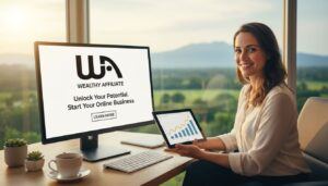 Wealthy Affiliate overview showing beginner building an affiliate marketing website at home