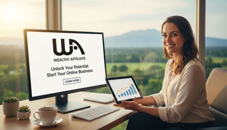 Wealthy Affiliate overview showing beginner building an affiliate marketing website at home