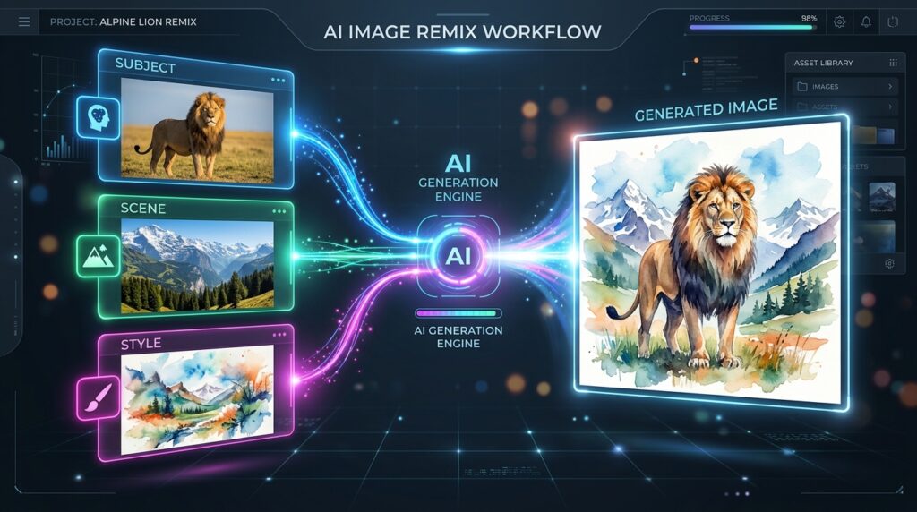 Google Whisk AI image generator using subject scene and style inputs.