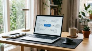 Laptop on a clean desk displaying a topical authority content cluster diagram with a central pillar page connected to supporting articles in a bright home office setting