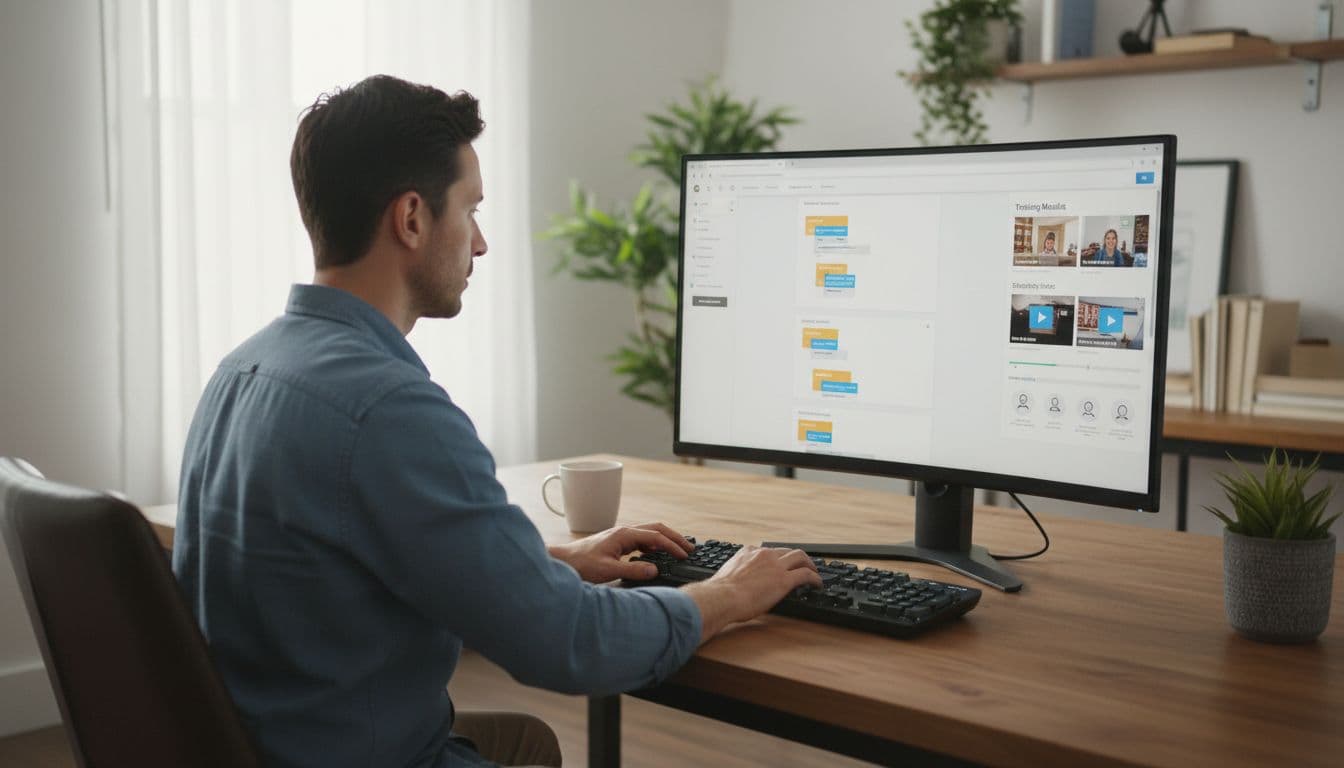 A focused person sits at a desk in a bright home office, intently working on a computer screen displaying a website builder interface with open training videos and subtle community chat icons, hands naturally on the keyboard under natural daylight.