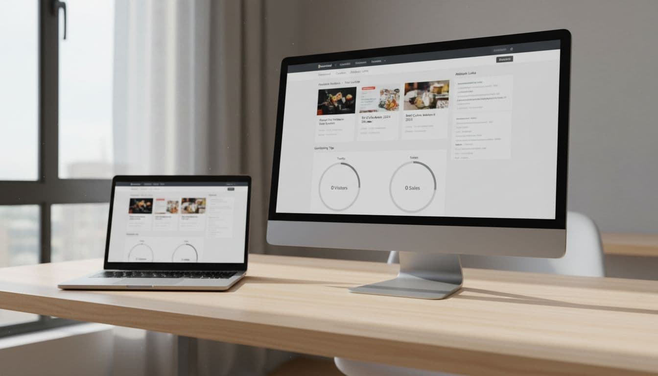 Modern laptop screen displaying a pre-built affiliate marketing website dashboard with blurred affiliate links and empty traffic graphs showing zero visitors and sales, on a clean desk in a home office with natural window light.