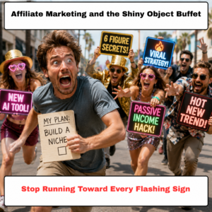 Affiliate marketing mistakes shown as a beginner running from shiny object distractions.