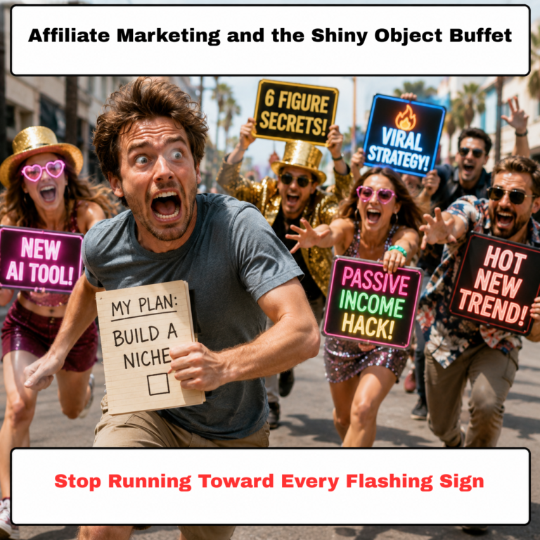 Affiliate marketing mistakes shown as a beginner running from shiny object distractions.