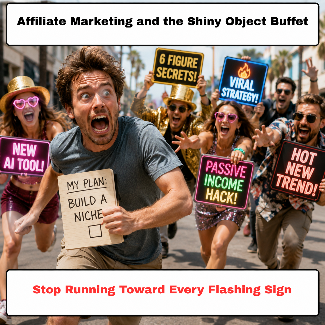 Affiliate marketing mistakes shown as a beginner running from shiny object distractions.