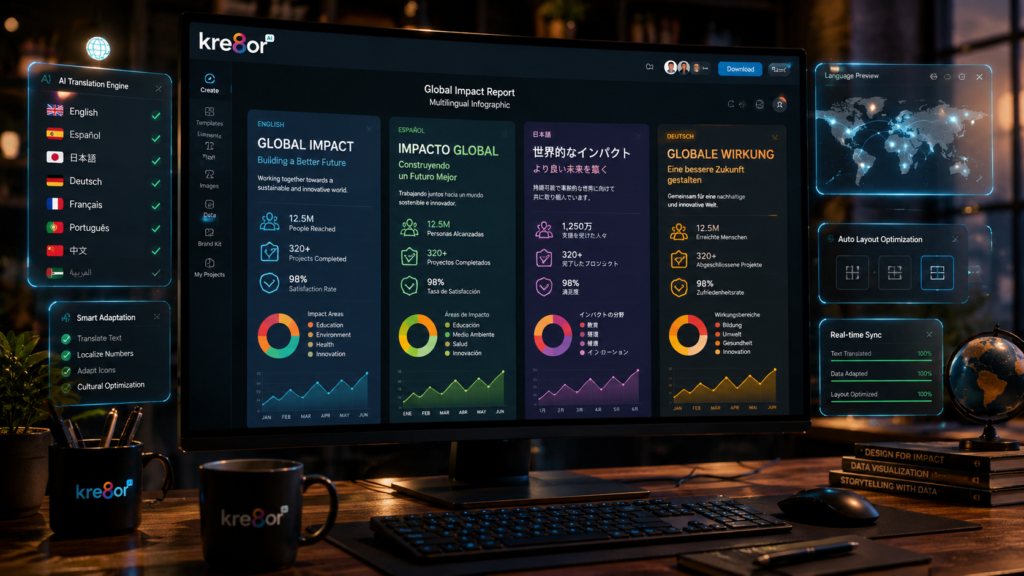 Kre8or AI features including multilingual infographic generation.