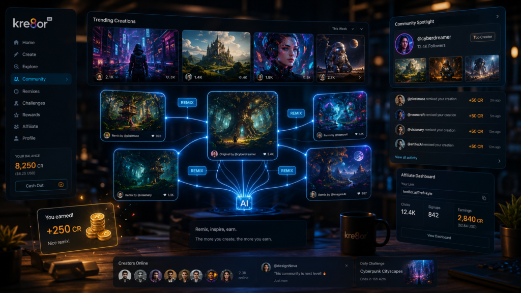 Kre8or AI features showing remix tools and creator rewards.