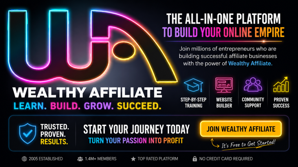 Wealthy Affiliate call-to-action banner featuring a glowing neon WA-style logo, bold online business messaging, training and website builder icons, and a bright Join Wealthy Affiliate button against a dark background.