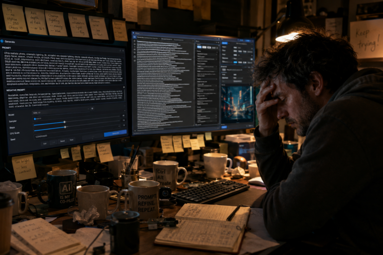 Content creator overwhelmed by long AI prompts before using Kre8or AI Image Studio.