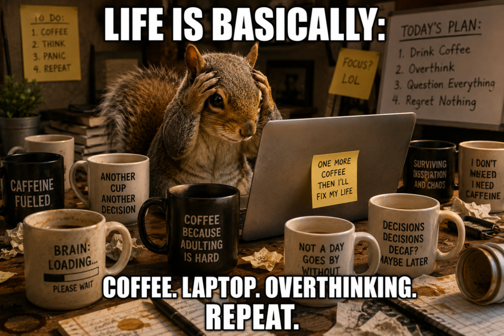 squirrel sitting at a laptop with coffee mugs scattered everywhere looking like life has become a series of caffeine-fueled decisions.