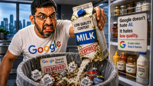 Hyper-realistic editorial scene showing a frustrated man in a Google shirt pouring a moldy carton labeled “Low Quality Content” into an overflowing trash can filled with AI spam, clickbait, thin posts, copy-paste content, and keyword stuffing. Open refrigerator in the background contains jars labeled value, experience, and helpful content. Dramatic cinematic lighting, exaggerated facial expression, satirical storytelling, high-detail social-media style illustration about Google rejecting low-quality AI-generated content.