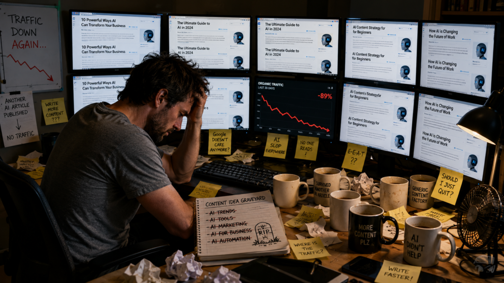 Affiliate marketer overwhelmed by low quality AI-generated content and poor engagement.