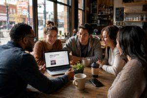 People discussing recommendations in a coffee shop illustrating affiliate marketing explained through trust and referrals.