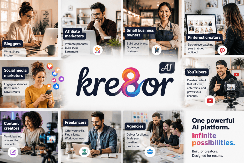 Kre8or.ai creator platform collage featuring bloggers, affiliate marketers, small business owners, Pinterest creators, social media marketers, YouTubers, content creators, freelancers, and agencies surrounding the Kre8or AI logo, illustrating one AI-powered platform for creating and marketing digital content.