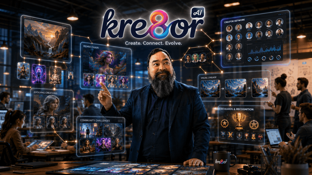 Kre8or AI beta creator collaborating with AI-generated artwork, remix chains, and community creative workflows during the early access launch experience.