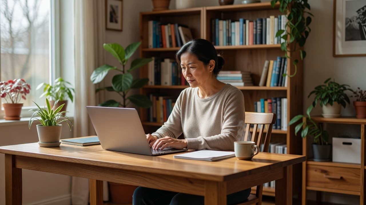 A concentrated professional sits at a clean wooden desk, typing on a modern laptop within a sunlit home office. Soft daylight illuminates the workspace, highlighting a simple and productive atmosphere.