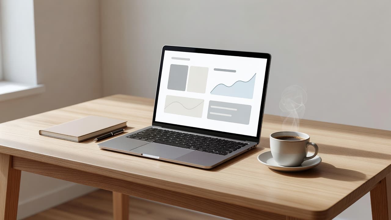 A sleek wooden desk features a modern laptop displaying a minimalist interface. A steaming ceramic coffee mug sits beside the computer, while soft morning sunlight illuminates the clean, distraction-free work area.