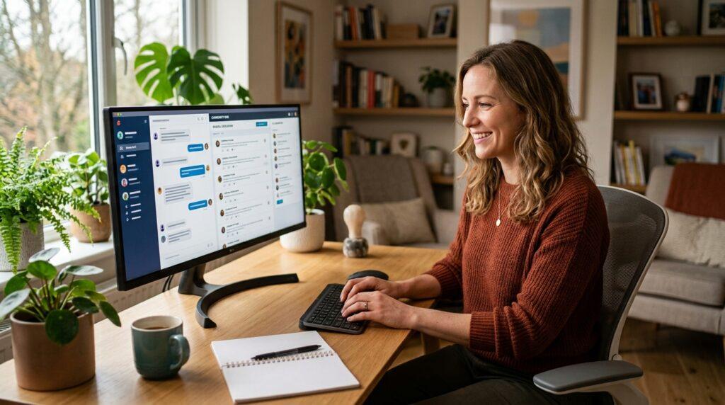 Online entrepreneur participating in a helpful business community.