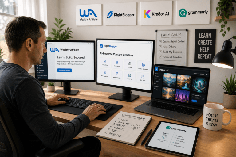 A blogger working at a modern desk using Wealthy Affiliate, RightBlogger, Kre8or AI, and Grammarly to create content for an online business.