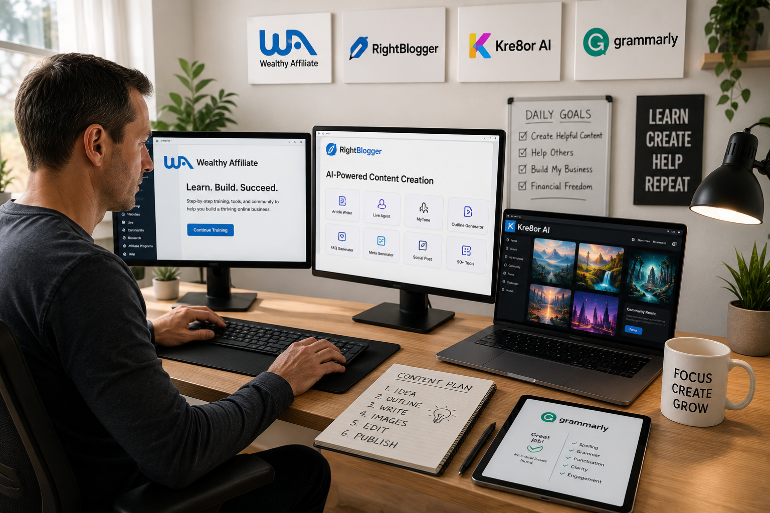 A blogger working at a modern desk using Wealthy Affiliate, RightBlogger, Kre8or AI, and Grammarly to create content for an online business.