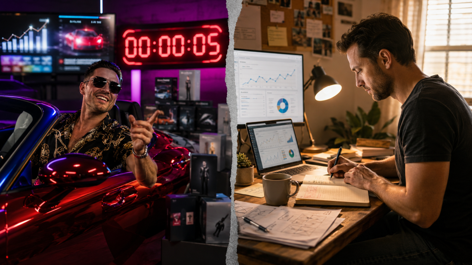 Flashy online business guru sitting in a red sports car beside a countdown timer contrasted with a serious creator working at a desk on website analytics and business notes.