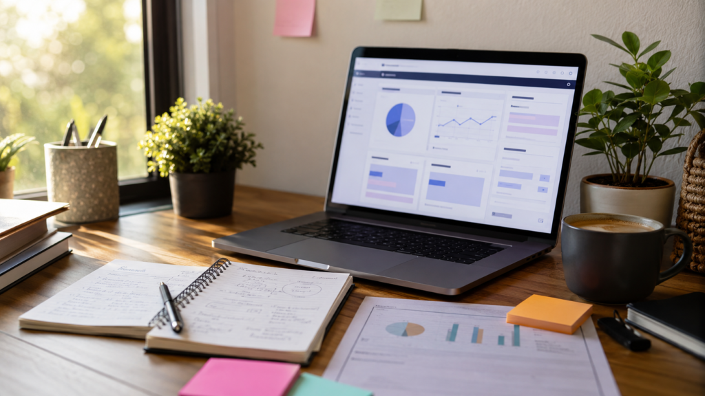 Home office desk with laptop, notebook, content ideas, and analytics showing the practical work behind building an online business.
