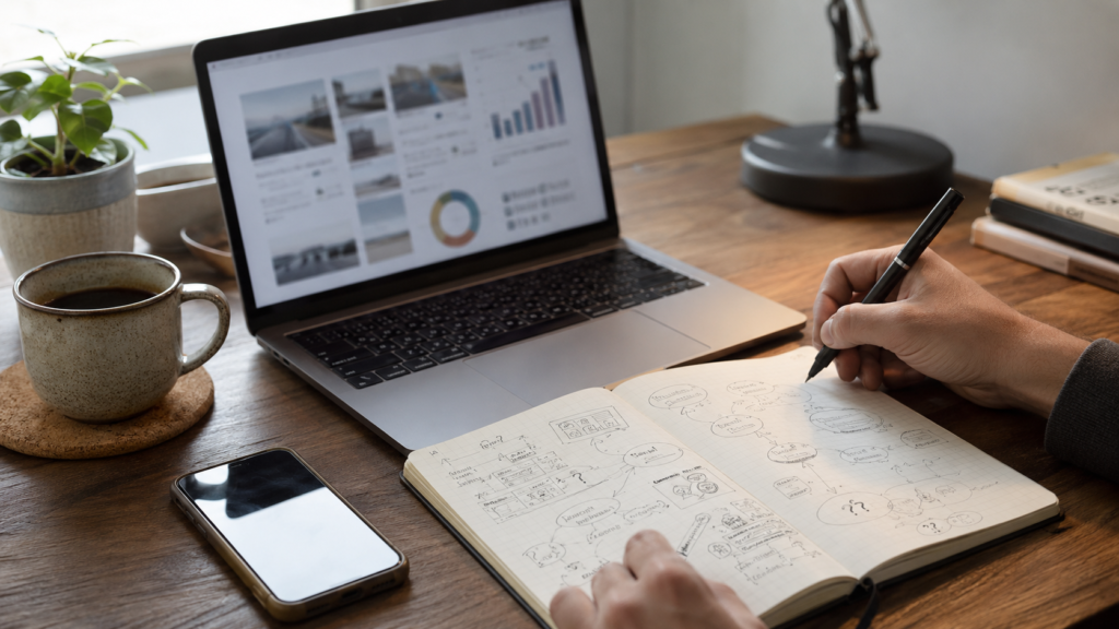 Creator researching niche ideas and planning helpful content for an online business.