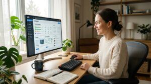 New member exploring the Wealthy Affiliate dashboard on a laptop while planning an online business.