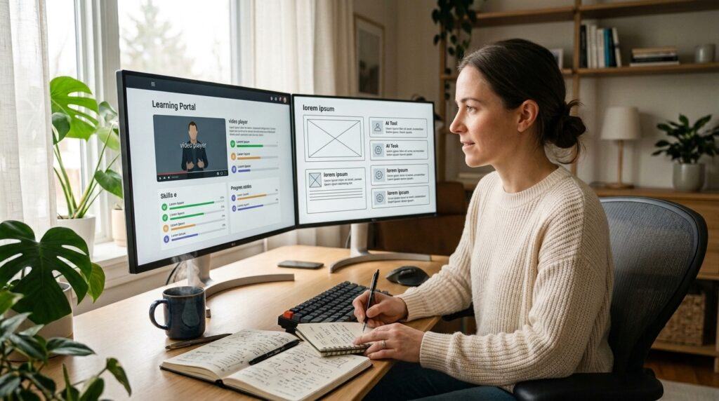 Person learning an online business platform while taking notes.