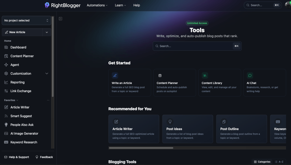Screen Shot of the RightBlogger Dashboard featuring all of the tools.
