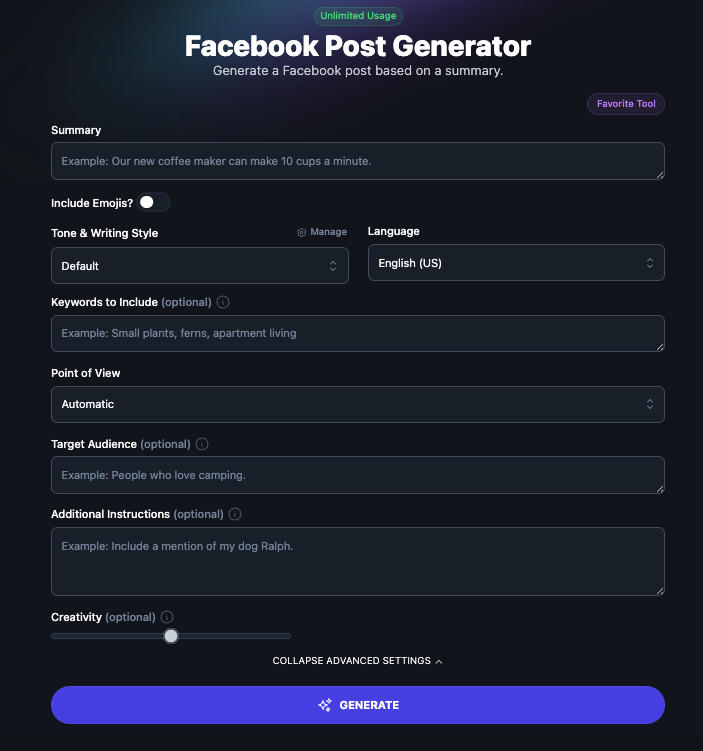 Facebook post generator