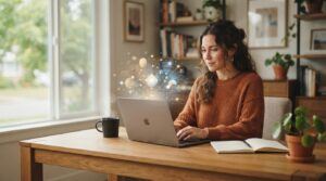 Blogger planning AI content trends for bloggers at a home office desk