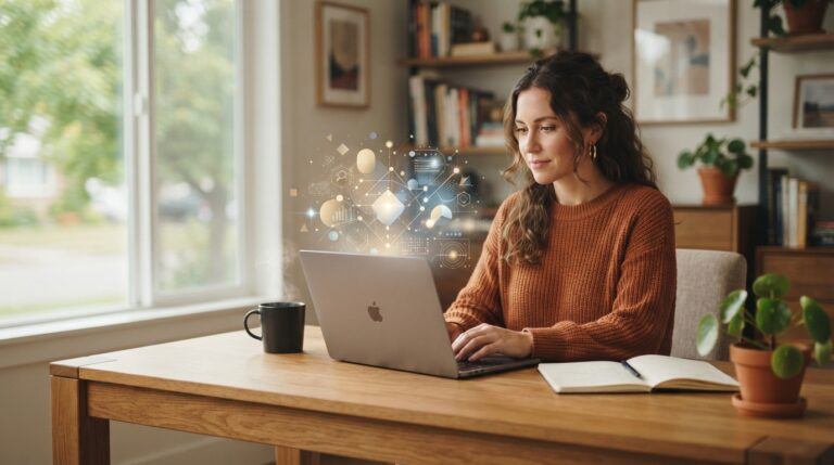 Blogger planning AI content trends for bloggers at a home office desk