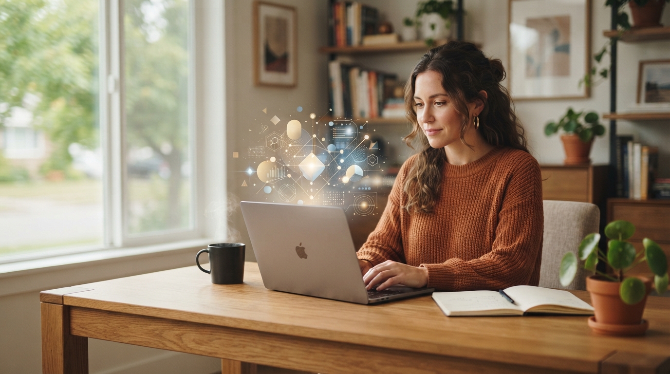 Blogger planning AI content trends for bloggers at a home office desk